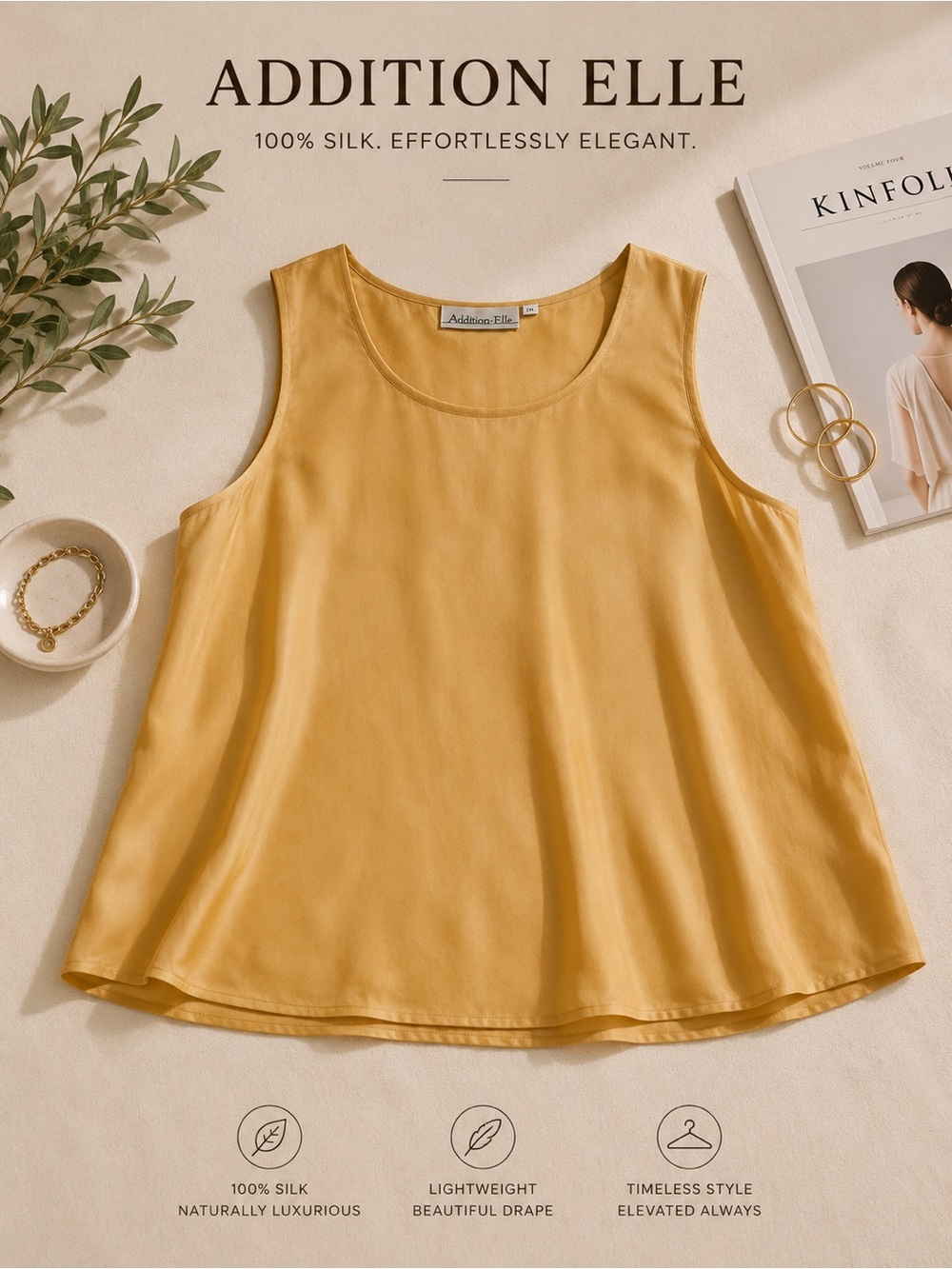 Addition Elle Silk Tank Top in Warm Yellow